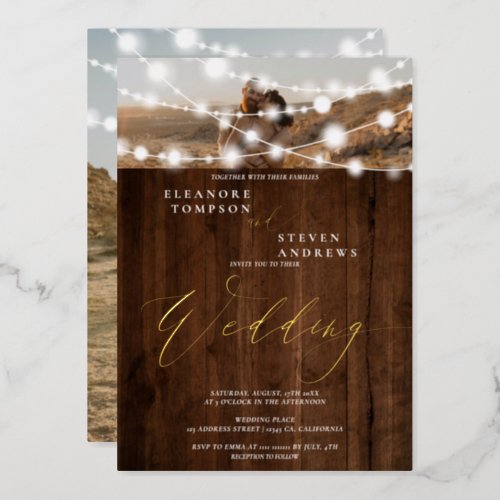 Rustic string lights brown wood 2 photos wedding foil invitation