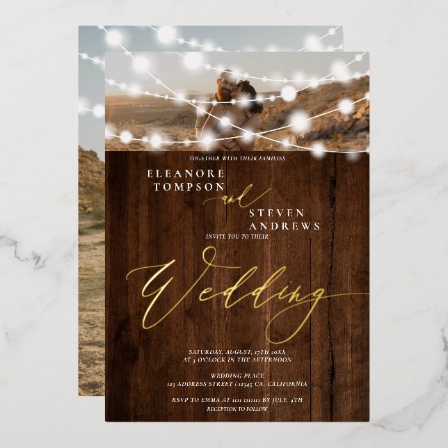 Rustic string lights brown wood 2 photos wedding foil invitation (Front/Back)