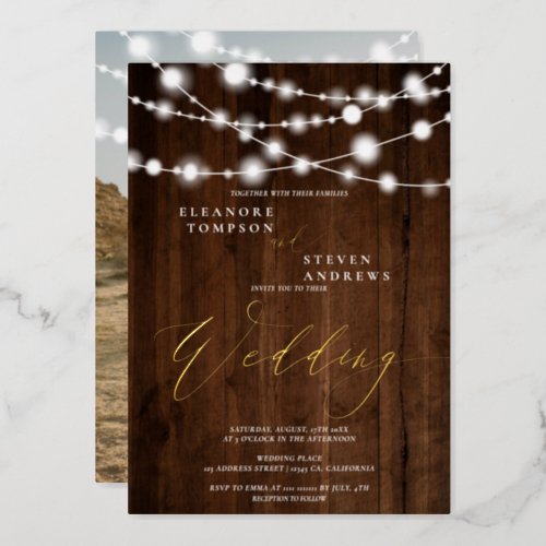 Rustic string lights brown wood photo wedding  foil invitation