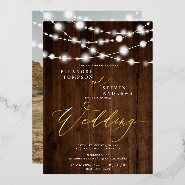 Rustic string lights brown wood photo wedding  foil invitation (Front/Back)