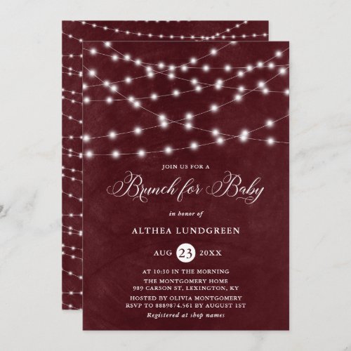 Rustic String Lights Burgundy Baby Shower Brunch Invitation