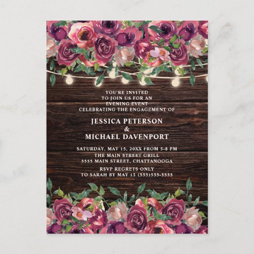 Rustic String Lights Burgundy Floral Engagement Postcard