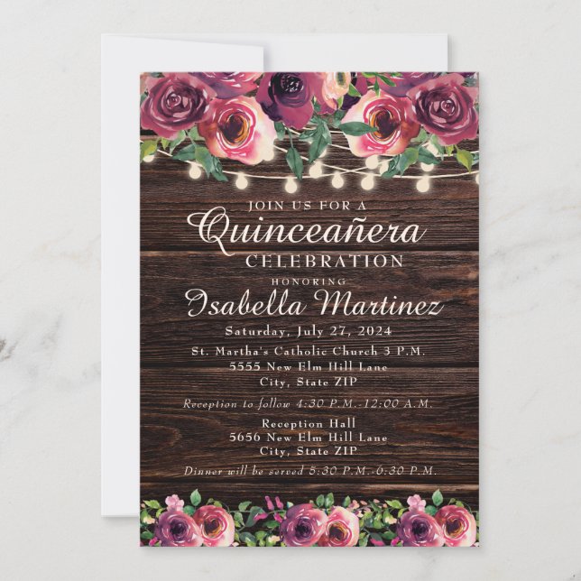 Rustic String Lights Burgundy Floral Quinceañera Invitation (Front)