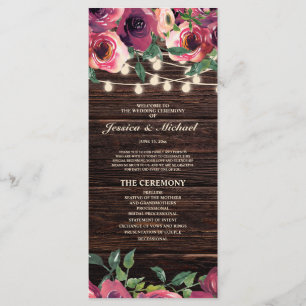 Rustic String Lights Burgundy Floral Wedding Program