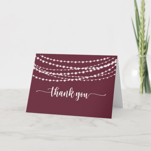 Rustic String Lights Burgundy Folded Wedding  Thank You Card