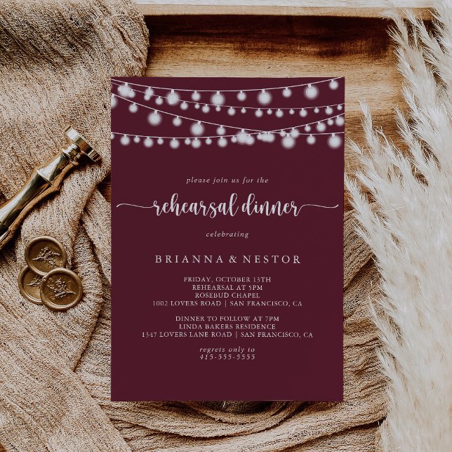 Rustic String Lights Burgundy Rehearsal Dinner   Invitation (Creator Uploaded)
