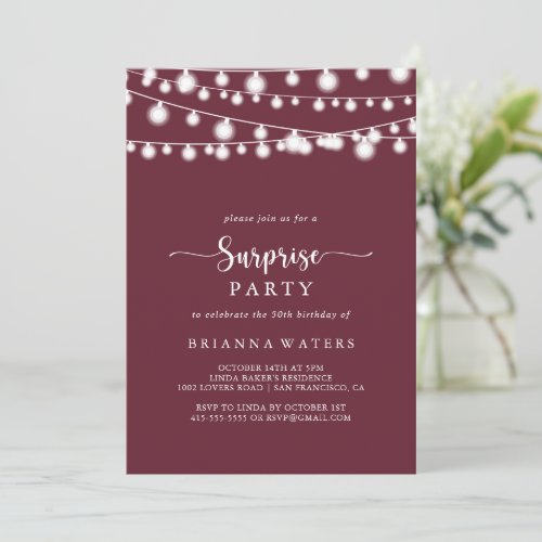 Rustic String Lights Burgundy Surprise Party  Invitation