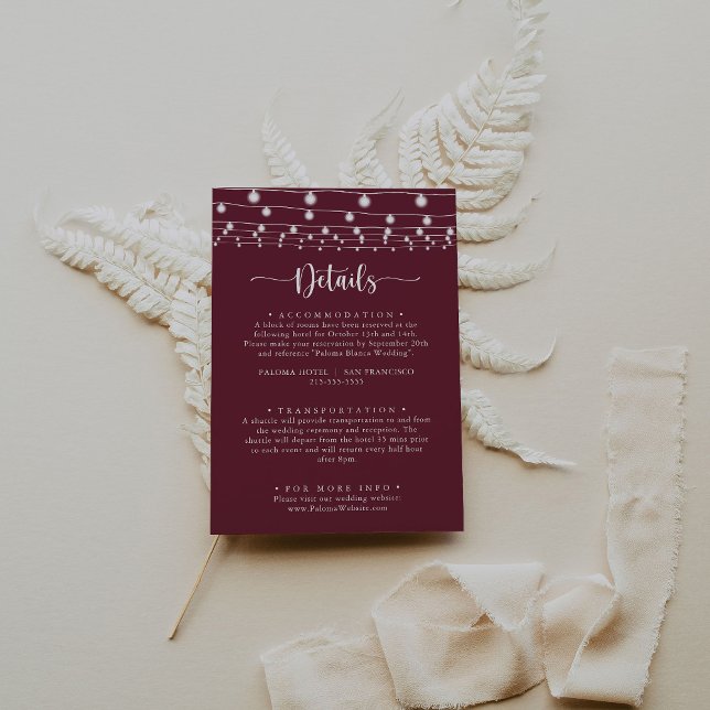 Rustic String Lights Burgundy Wedding Details  Enclosure Card (Creator Uploaded)