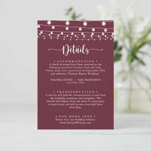 Rustic String Lights Burgundy Wedding Details  Enclosure Card