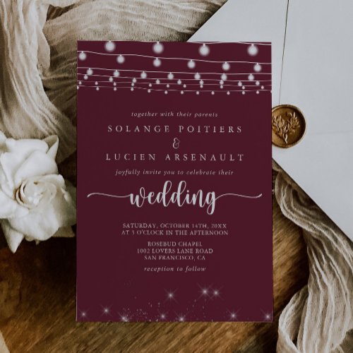 Rustic String Lights Burgundy Wedding   Invitation