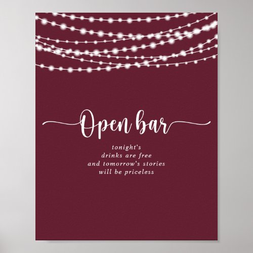 Rustic String lights Burgundy Wedding Open Bar  Poster