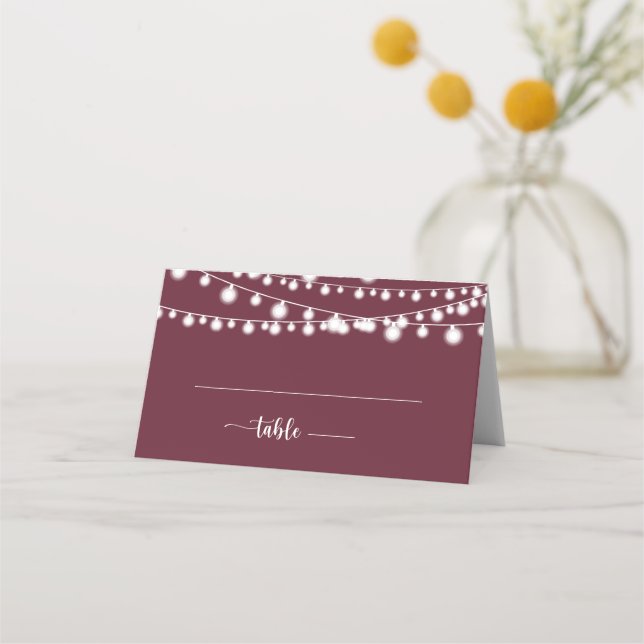 Rustic String Lights Burgundy Wedding Place Card (Front)