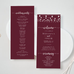 Rustic String Lights Burgundy Wedding Program