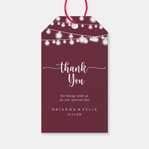 Rustic String Lights Burgundy Wedding Thank You  Gift Tags