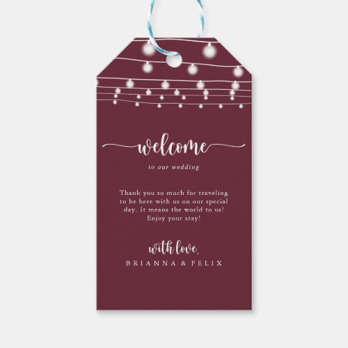 Rustic String Lights Burgundy Wedding Welcome  Gift Tags