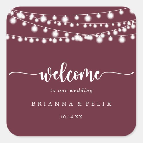 Rustic String Lights Burgundy Wedding Welcome   Square Sticker