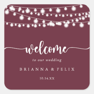 Rustic String Lights Burgundy Wedding Welcome Square Sticker