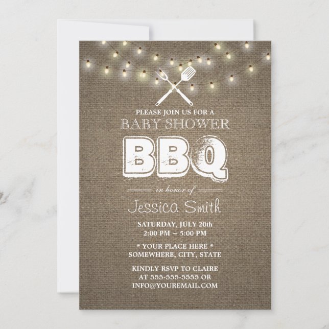 Rustic String Lights Burlap BBQ Baby Shower Invitation (Front)