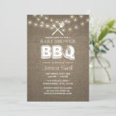 Rustic String Lights Burlap BBQ Baby Shower Invitation (Standing Front)