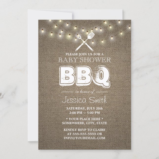 Rustic String Lights Burlap BBQ Baby Shower Invitation (Front)