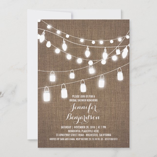Rustic String Lights Burlap Bridal Shower Invitation (Front)
