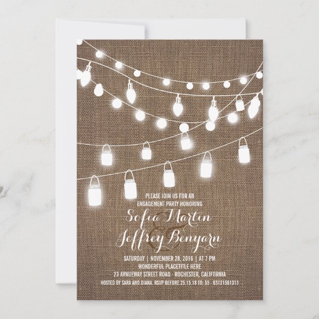 Rustic String Lights Burlap Engagement Party Invitation (Front)