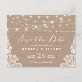 Rustic String Lights Burlap Lace | Save the Date Announcement Postcard