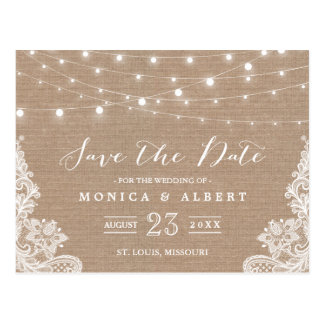 Rustic Save The Date Postcards Zazzle Rustic String Lights Burlap Lace Save The Date Postcard