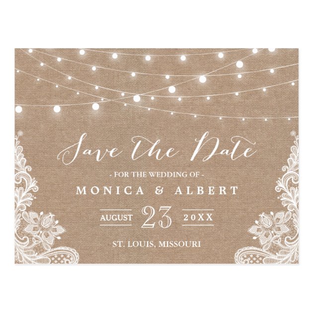Rustic String Lights Burlap Lace | Save The Date Postcard