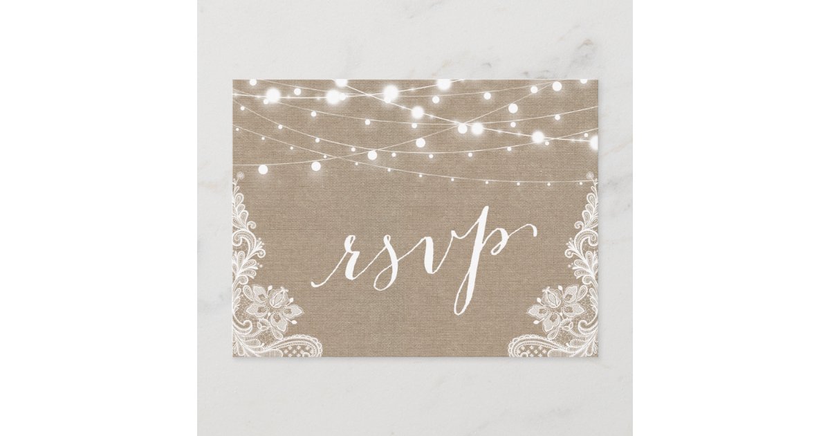 Rustic String Lights Burlap Lace Wedding RSVP Invitation Postcard | Zazzle