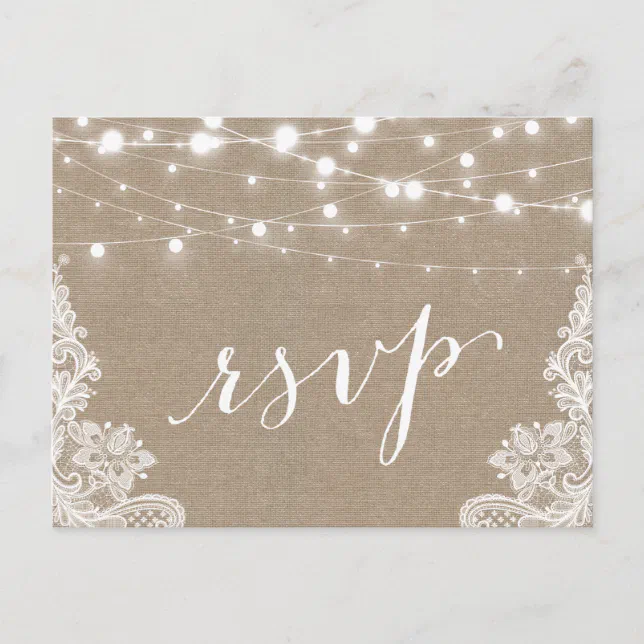 Rustic String Lights Burlap Lace Wedding RSVP Invitation Postcard | Zazzle