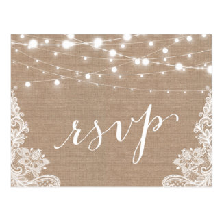 Rustic String Lights Burlap Lace Wedding RSVP Postcard