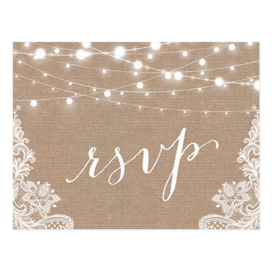 Rustic String Lights Burlap Lace Wedding RSVP Postcard Zazzle
