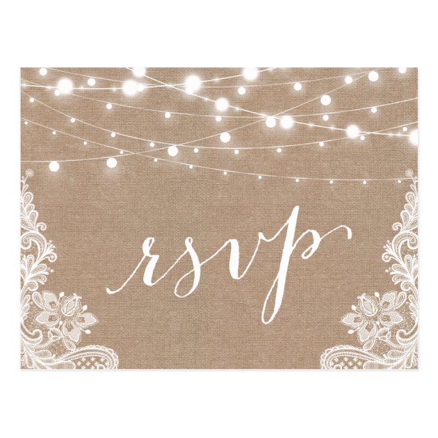 Rustic String Lights Burlap Lace Wedding RSVP Postcard