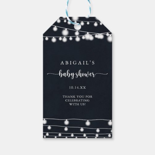 Rustic String Lights Calligraphy Baby Shower Gift Tags