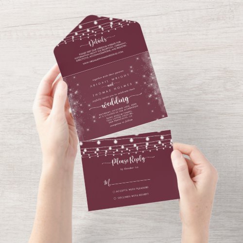 Rustic String Lights Calligraphy Burgundy Wedding  All In One Invitation