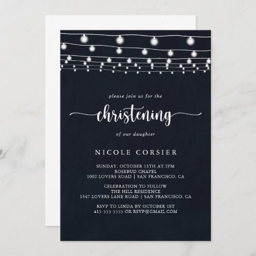 Rustic String Lights Calligraphy Christening Invitation