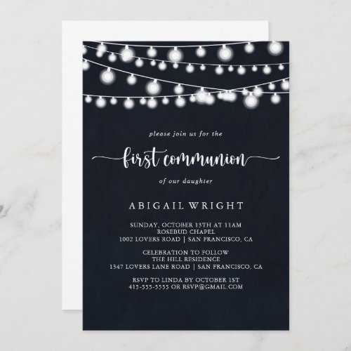 Rustic String Lights Calligraphy First Communion   Invitation