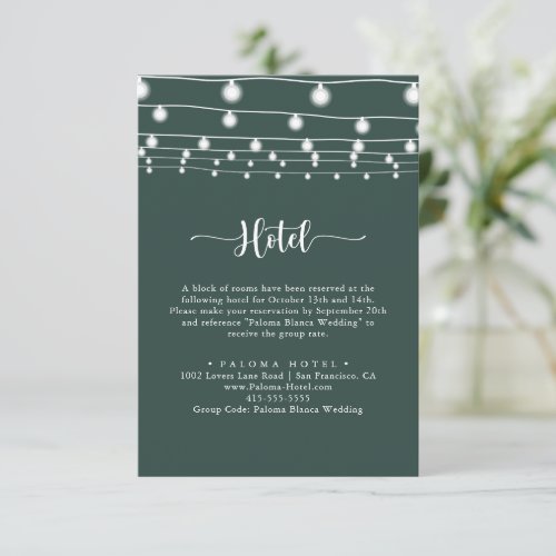 Rustic String Lights Calligraphy Green Hotel  Enclosure Card