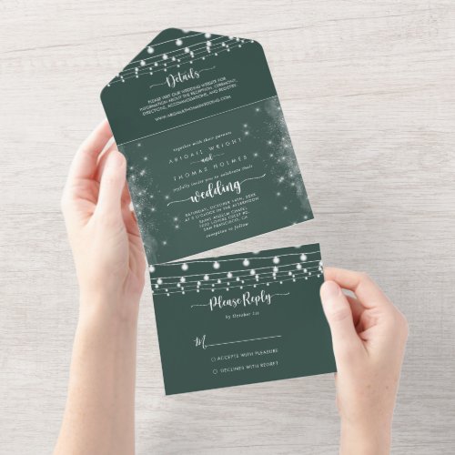 Rustic String Lights Calligraphy Green Wedding  All In One Invitation