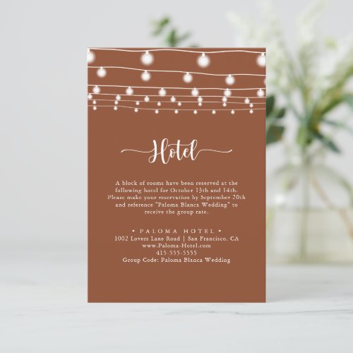 Rustic String Lights Calligraphy Terracotta Hotel  Enclosure Card