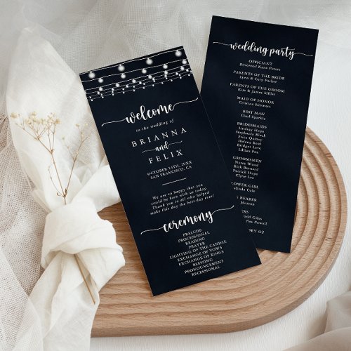 Rustic String Lights Calligraphy Wedding Program