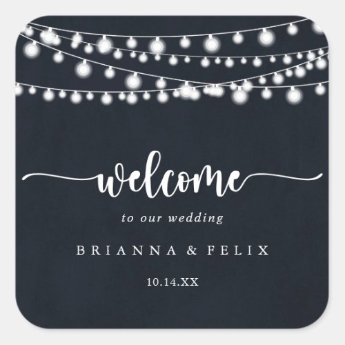 Rustic String Lights Calligraphy Wedding Welcome   Square Sticker