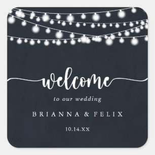 Rustic String Lights Calligraphy Wedding Welcome Square Sticker