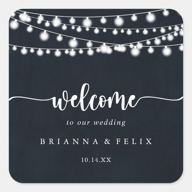 Rustic String Lights Calligraphy Wedding Welcome   Square Sticker (Front)