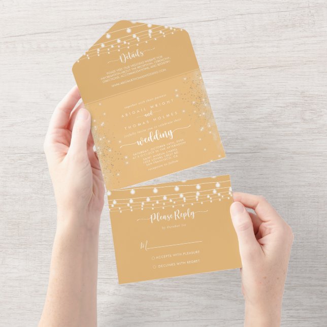 Rustic String Lights Calligraphy Yellow Wedding  All In One Invitation (Tearaway)