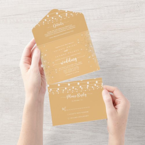 Rustic String Lights Calligraphy Yellow Wedding  All In One Invitation