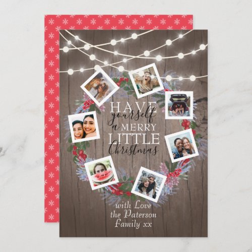 Rustic String Lights Christmas Wreath 7 Photo Holiday Card