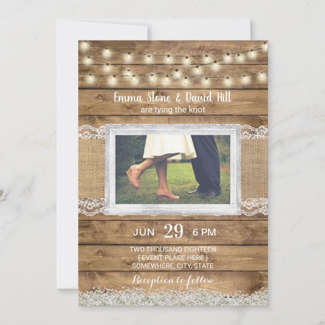 Rustic String Lights Country Wedding Photo Invitation (Front)