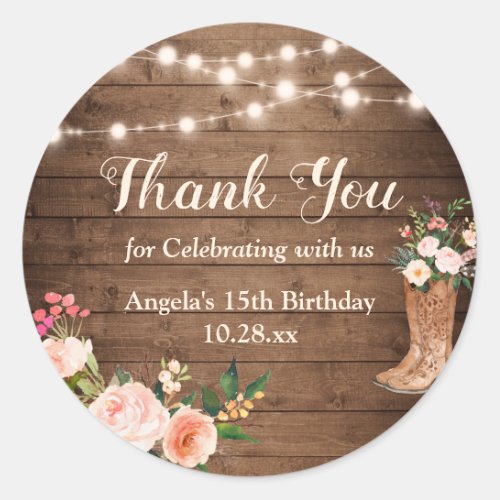 Rustic String Lights Cowgirl Boots Thank You Favor Classic Round Sticker